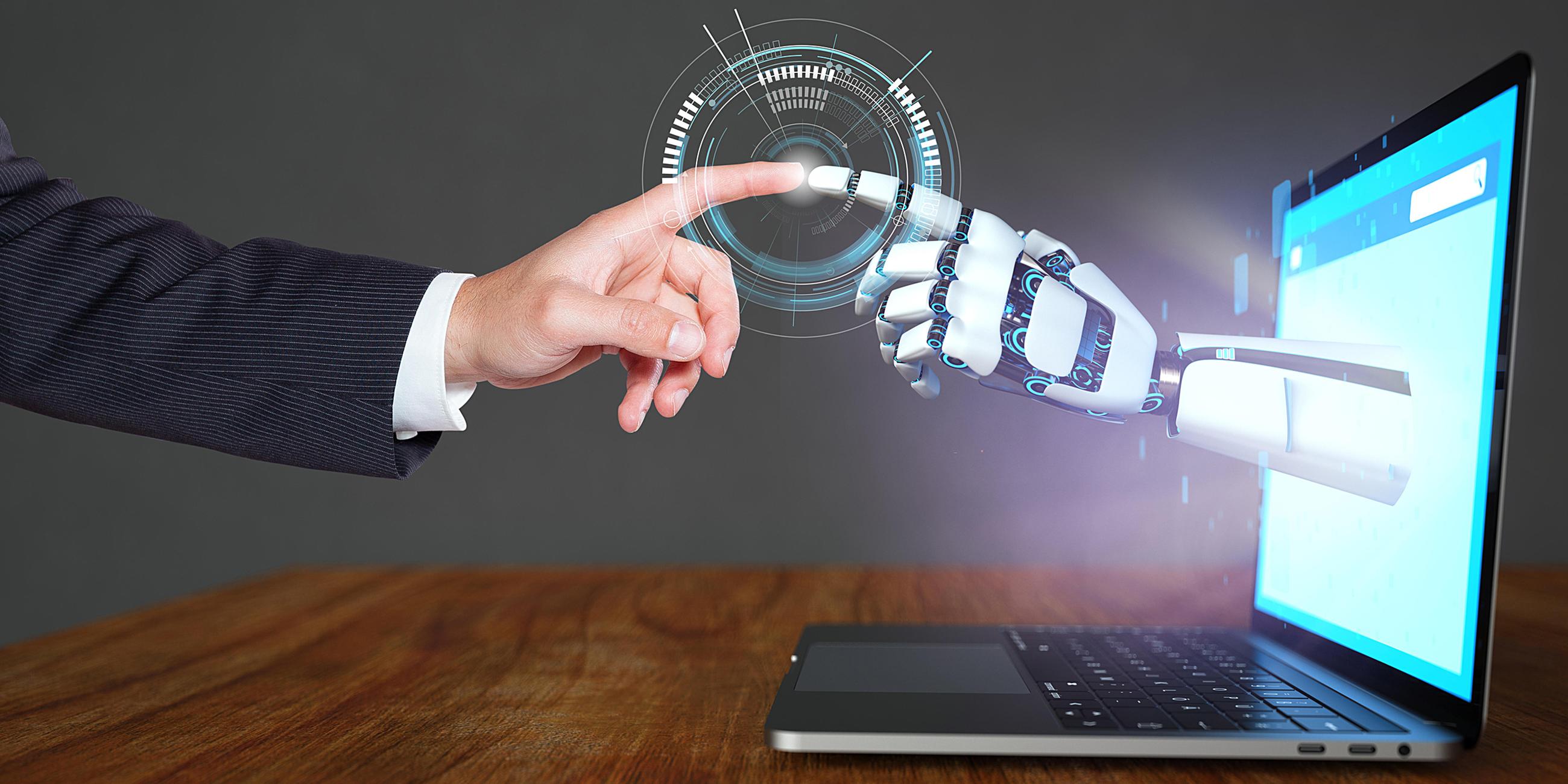 Eine Roboter-Hand berührt eine menschliche Hand durch ein HUD Display. 3D Illustration.