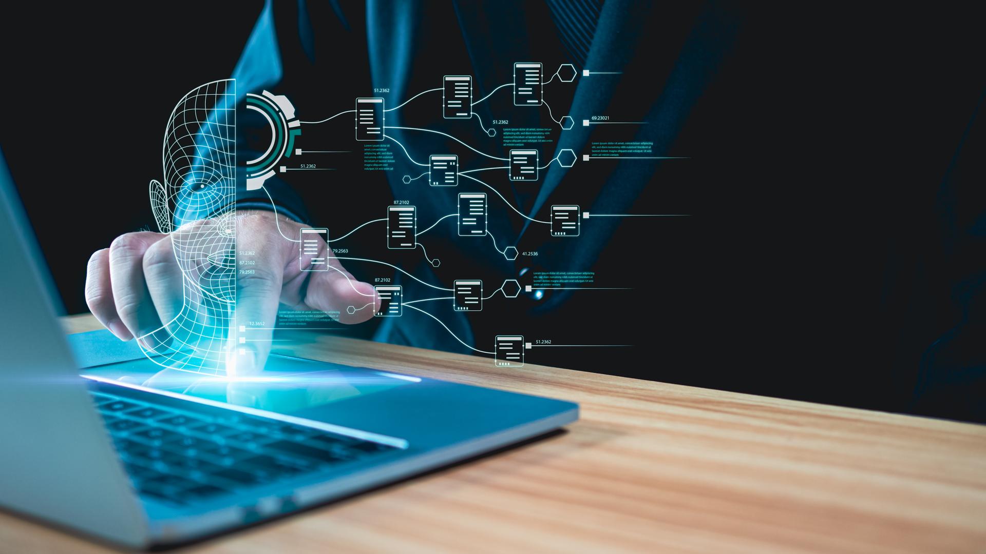 Hand am Laptop mit stilisiertem Datenstrom über der Tastatur im Raum