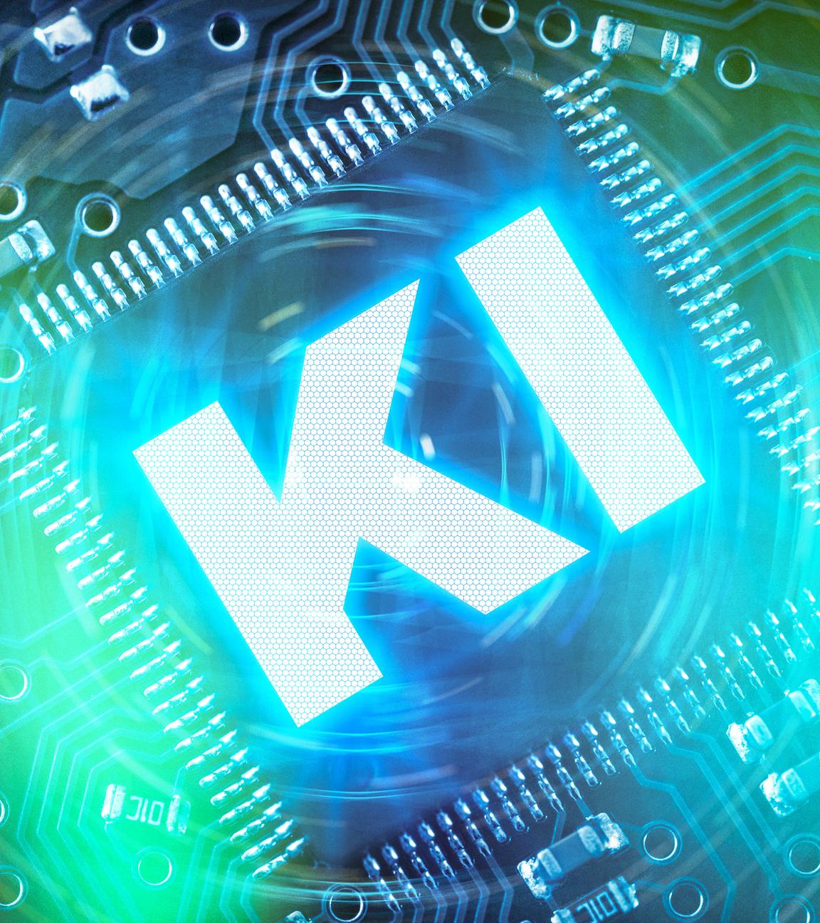 Auf einem halb-durchsichtigen Computerchip steht in helbblau leuchtender Schrift "KI".