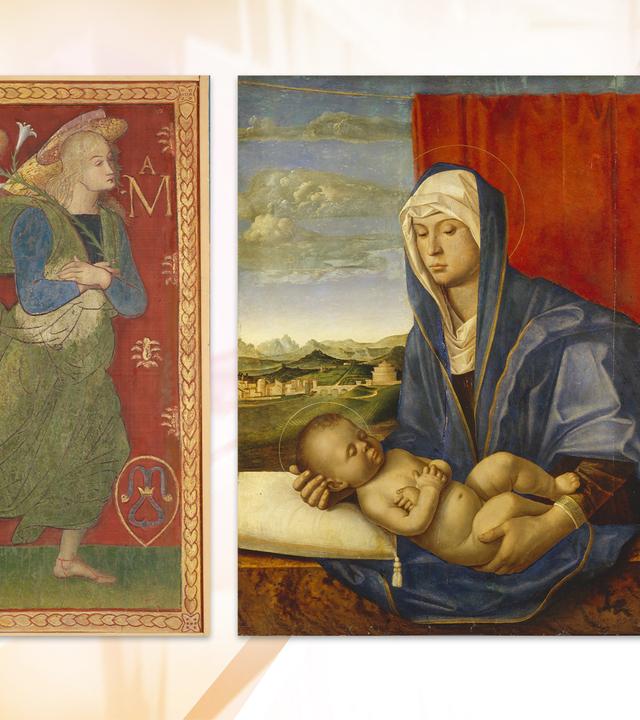 Das Bild zeigt zwei alte Gemälde mit religiösen Motiven nebeneinander. Links ist ein Engel in einem grünen Gewand vor einem rotem Hintergrund zu sehen. Rechts ist Maria in einem blauen Gewand mit dem nackten Jesuskind  auf dem Arm zu sehen. Im Hintergrund sieht man hinter einem halb zugezogenen roten Vorhang eine Landschaft.