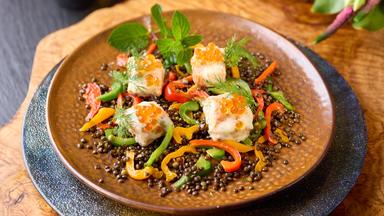 Lachspralinen mit Wasabi-Überzug auf Kaviarlinsen-Ragout 