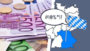 Links sieht man Geldscheine und Münzen, rechts die bayerische Flagge auf der Deutschlandkarte und eine wütende Sprechblase