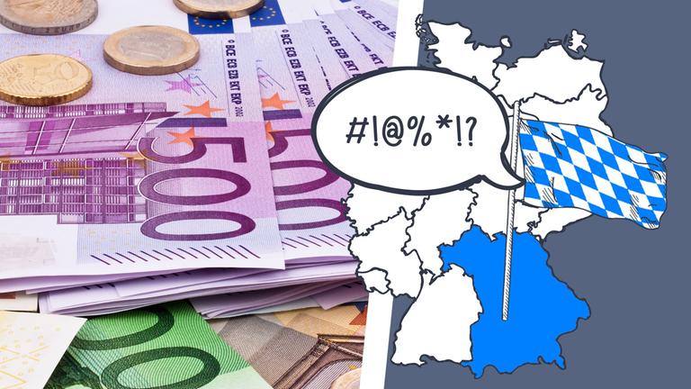 Links sieht man Geldscheine und Münzen, rechts die bayerische Flagge auf der Deutschlandkarte und eine wütende Sprechblase
