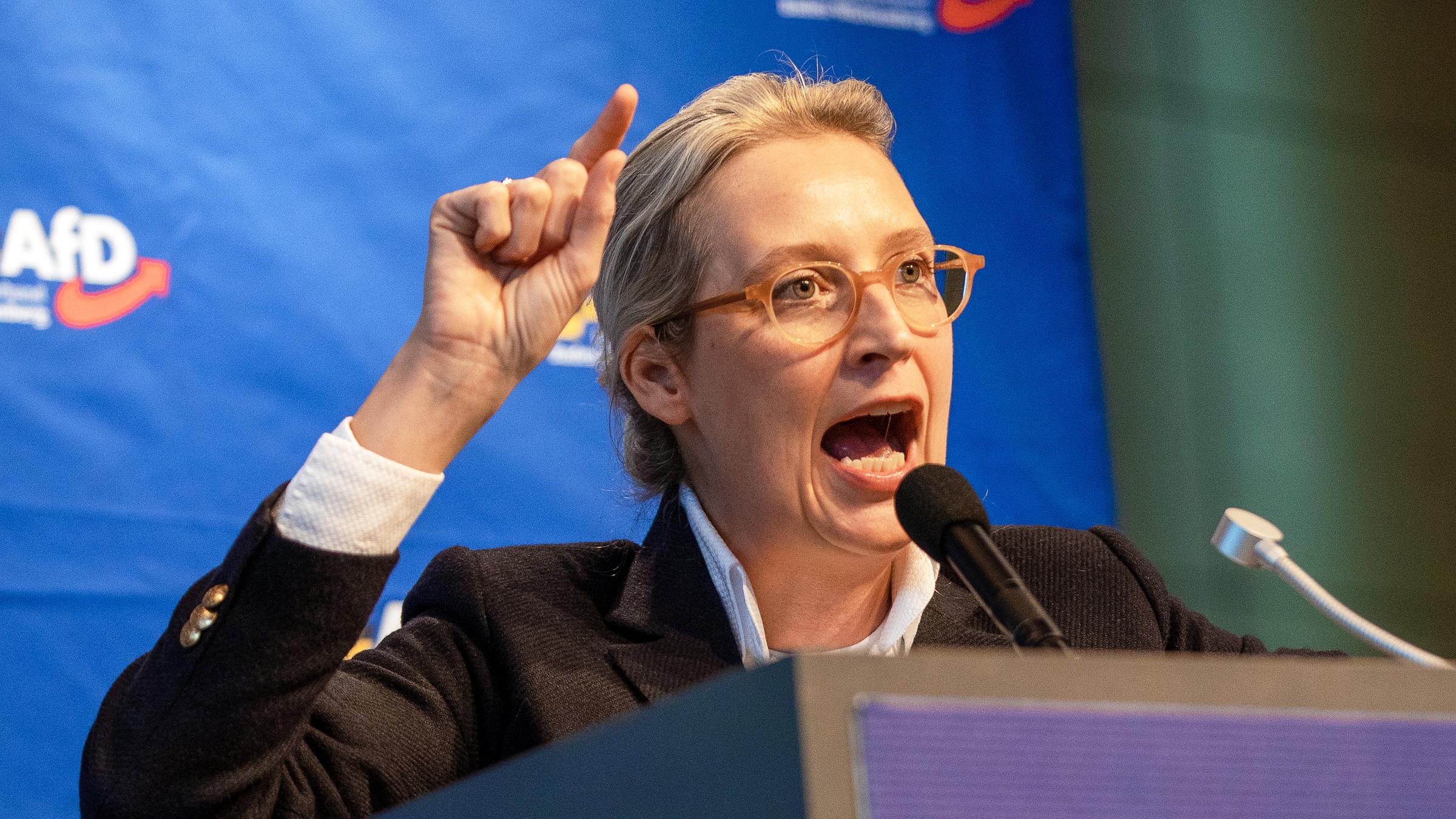Alice Weidel, Bundessprecherin der AfD, spricht während des AfD-Landesparteitags in der Rottweiler Stadthalle zu Parteimitgliedern.