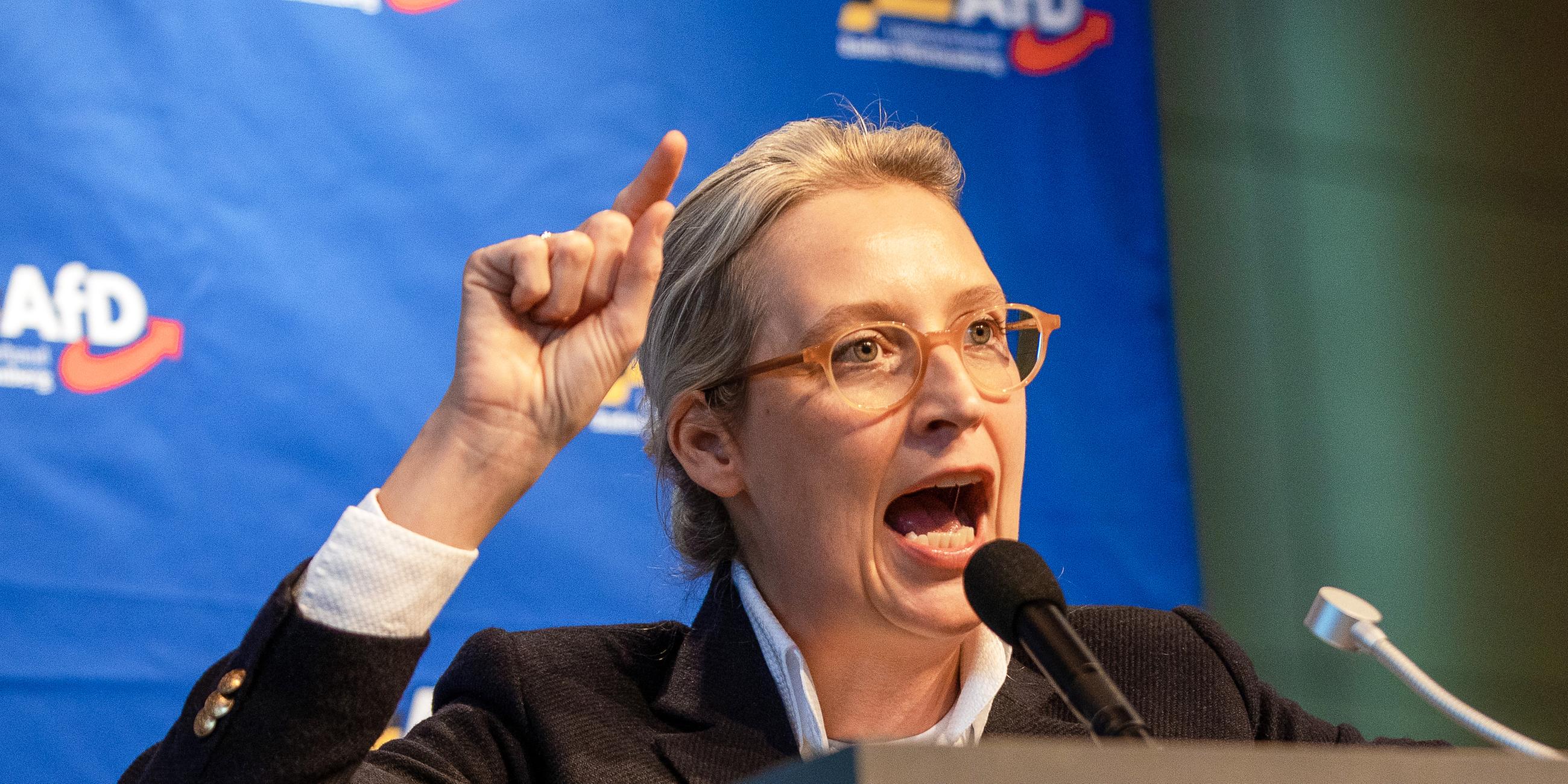 Alice Weidel, Bundessprecherin der AfD, spricht während des AfD-Landesparteitags in der Rottweiler Stadthalle zu Parteimitgliedern.