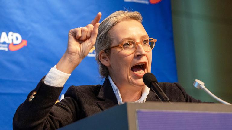 Alice Weidel, Bundessprecherin der AfD, spricht während des AfD-Landesparteitags in der Rottweiler Stadthalle zu Parteimitgliedern.