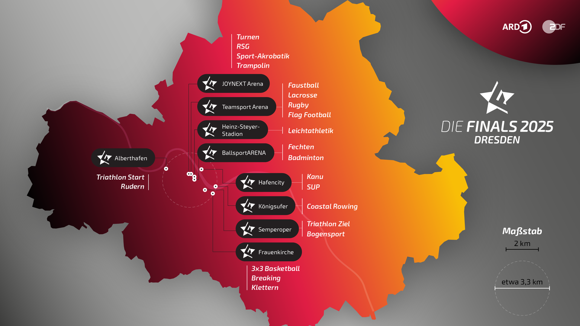 Landkarte der Sportstätten der Finals 2025 in Dresden