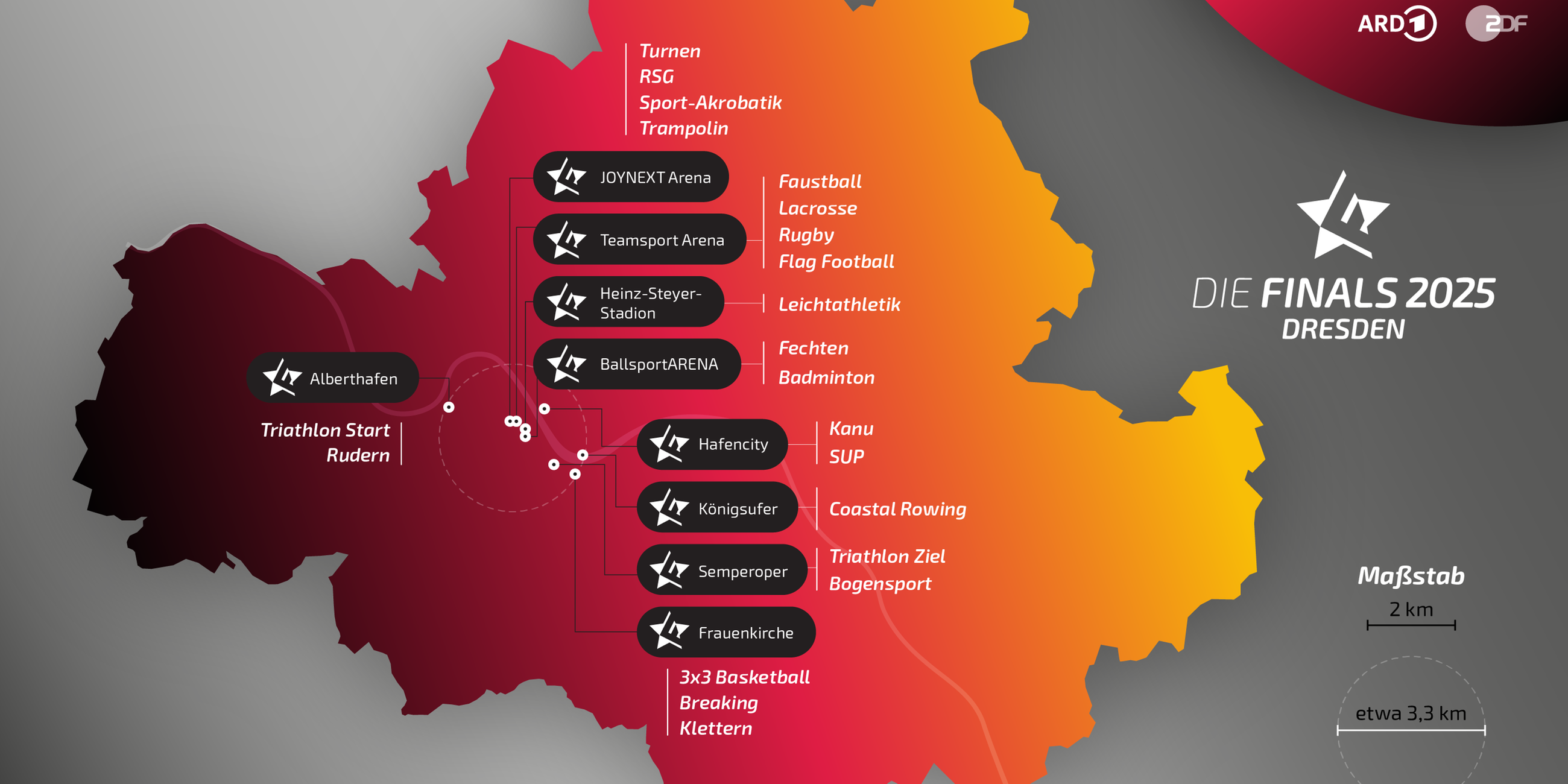 Landkarte der Sportstätten der Finals 2025 in Dresden