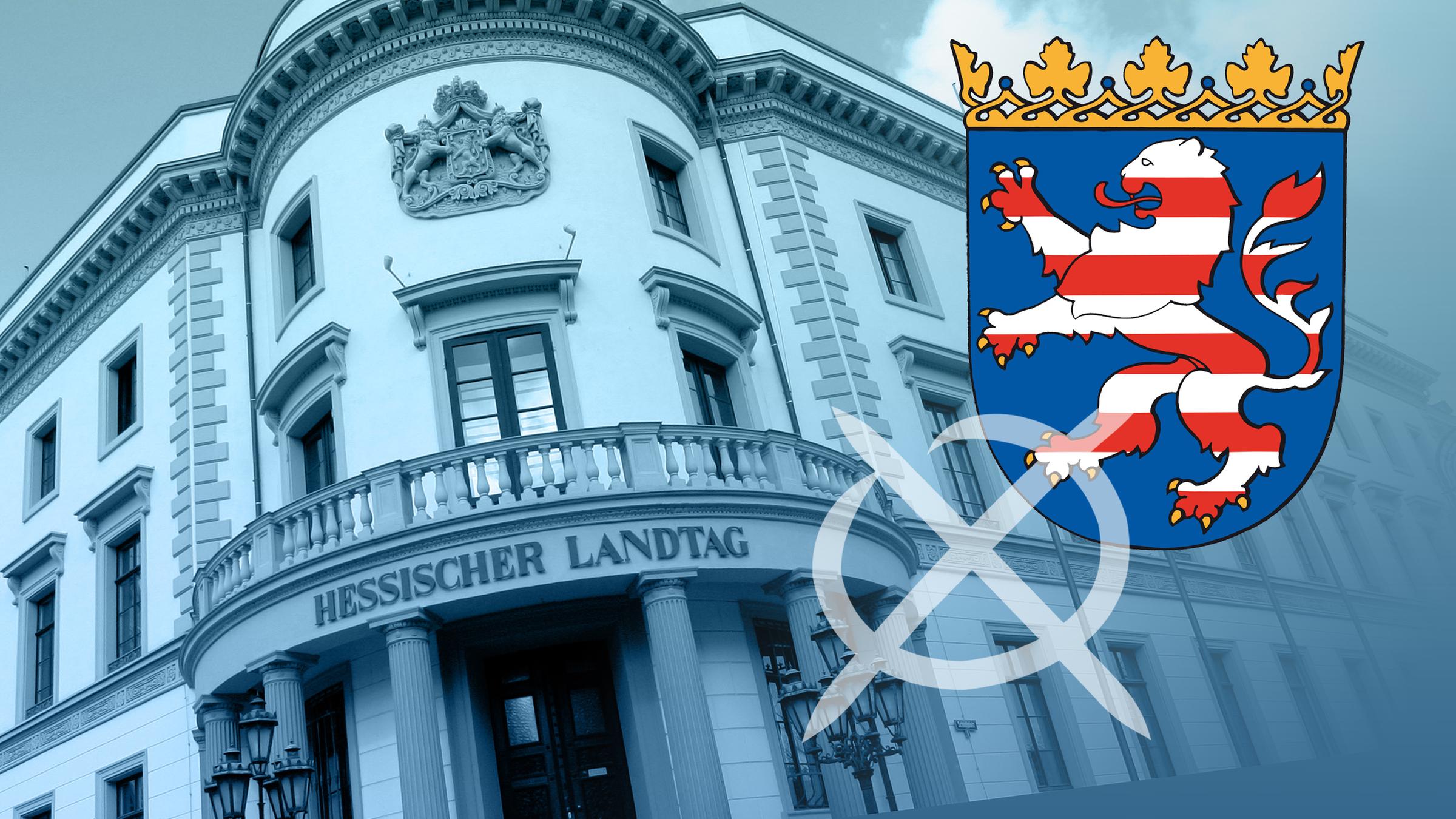 Wahl in Hessen 2023: Landtag und Wappen Hessen