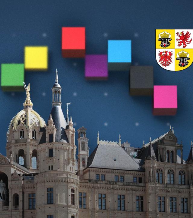 Landtag in Schwerin, Würfel in Parteifarben und das Wappen von Mecklenburg-Vorpommern