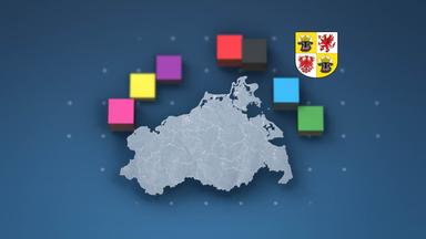 Um einen Umriss von Mecklenburg-Vorpommern ist das Wappen des Bundeslandes und Balken in den Farben der Parteien der Landtagswahl 2026 angeordnet.