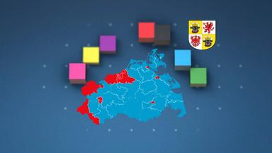 Um einen Umriss von Mecklenburg-Vorpommern ist das Wappen des Bundeslandes und Balken in den Farben der Parteien der Landtagswahl 2026 angeordnet.