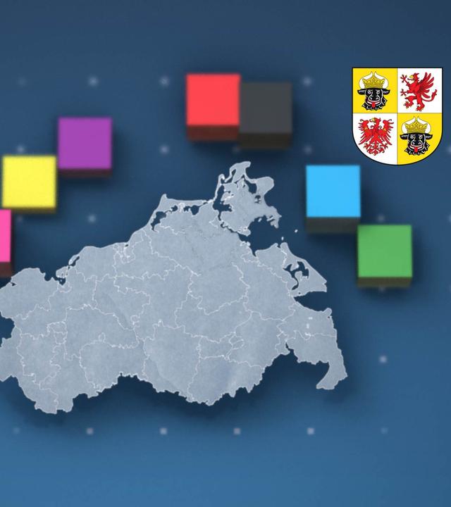 Um einen Umriss von Mecklenburg-Vorpommern ist das Wappen des Bundeslandes und Balken in den Farben der Parteien der Landtagswahl 2026 angeordnet.