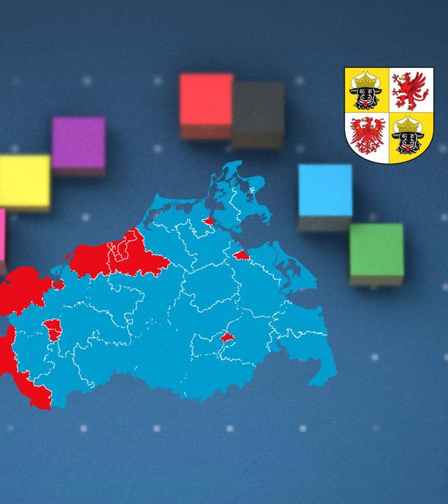 Um einen Umriss von Mecklenburg-Vorpommern ist das Wappen des Bundeslandes und Balken in den Farben der Parteien der Landtagswahl 2026 angeordnet.