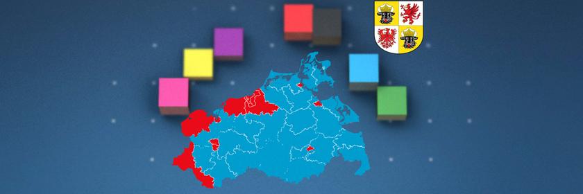 Um einen Umriss von Mecklenburg-Vorpommern ist das Wappen des Bundeslandes und Balken in den Farben der Parteien der Landtagswahl 2026 angeordnet.