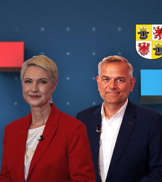Die Spitzenkandidaten der Landtagswahl in Mecklenburg-Vorpommern Manuela Schwesig (SPD) und Leif-Erik Holm (AfD) mit dem Wappen von Mecklenburg-Vorpommern.