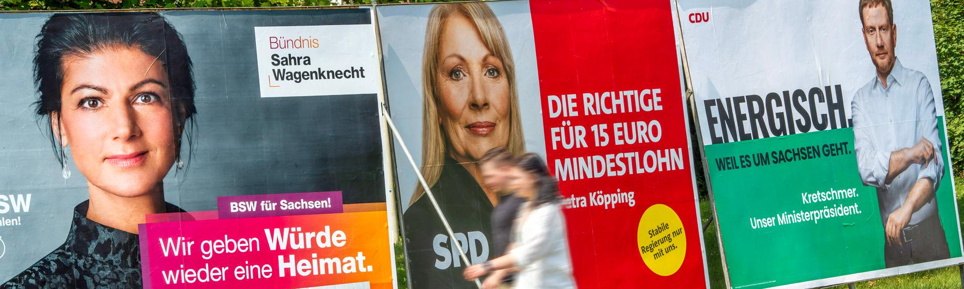 Wahlplakate von BSW, SPD und CDU zur Landtagswahl am 1. September in Zwickau. 