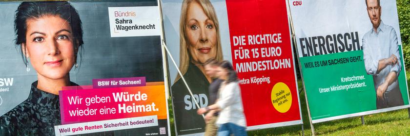 Wahlplakate von BSW, SPD und CDU zur Landtagswahl am 1. September in Zwickau. 
