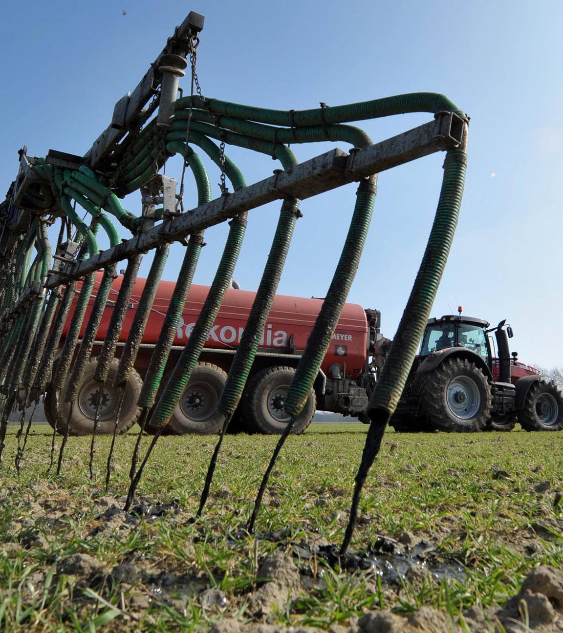 Archiv: Ein Landwirt verteilt Gülle auf einem Feld am 15.03.2012 in Holthusen II (Niedersachsen)