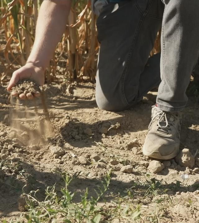 Das Bild zeigt ein trockenes Feld und eine knienende Person, die die trockene Erde aufhebt.
