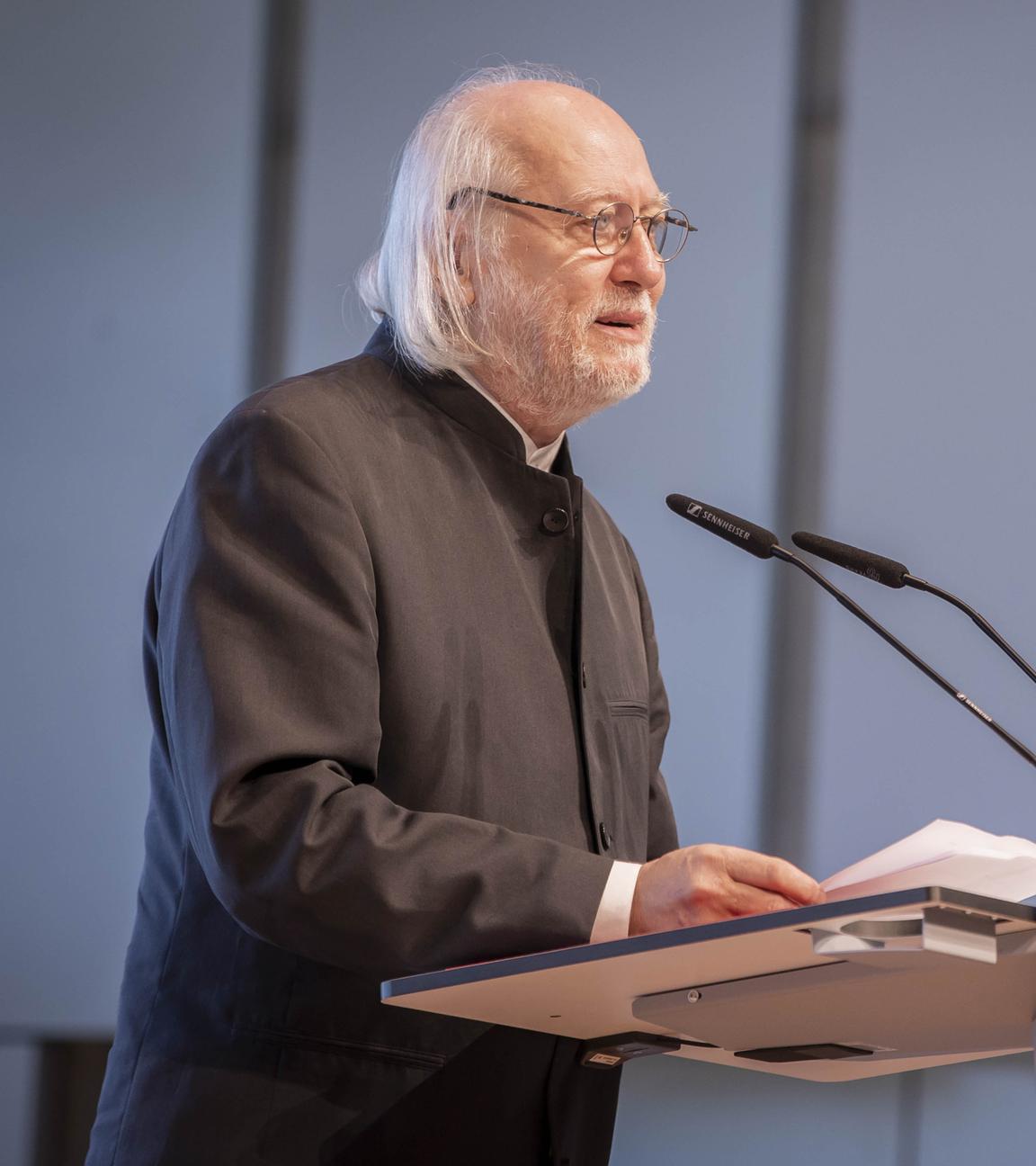 Laszlo Krasznahorkai, Schriftsteller aus Ungarn, hält eine Rede anlässlich seiner Auszeichnung mit dem "Österreichischen Staatspreis für Europäische Literatur 2021"