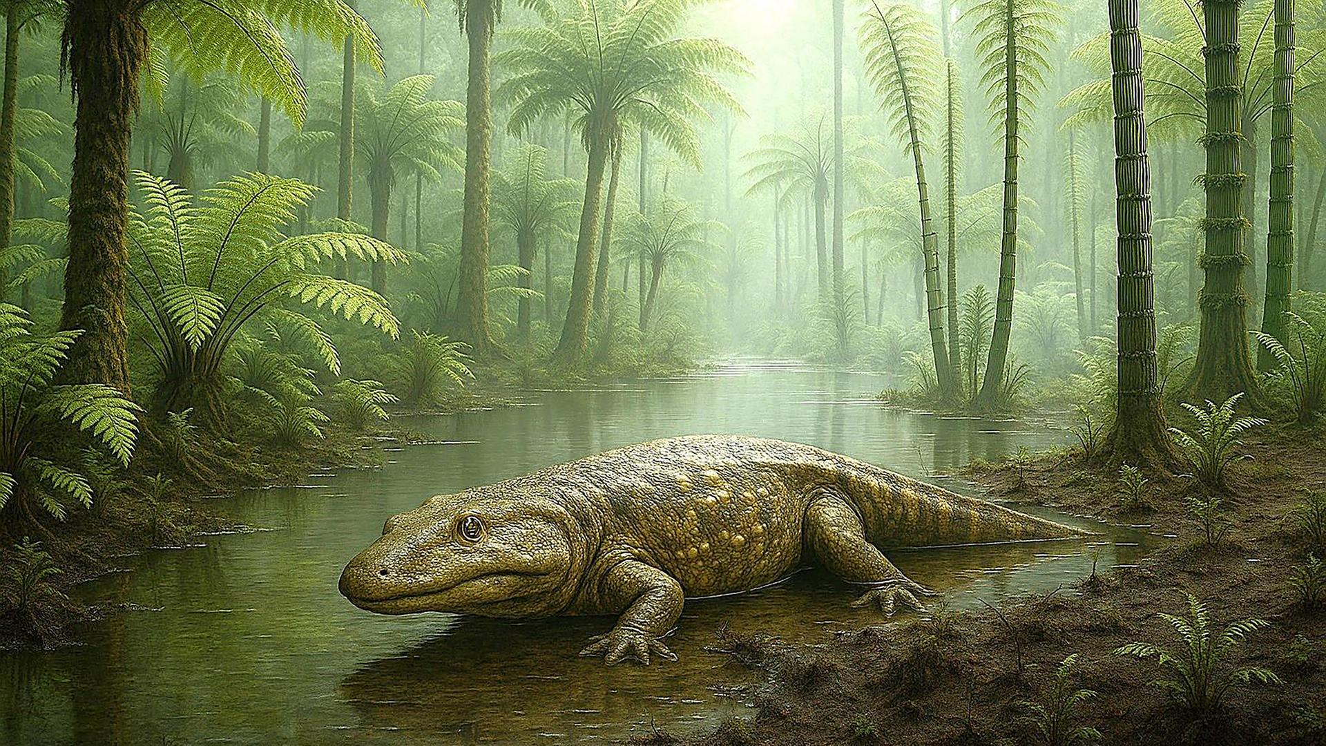 Lebend-Rekonstruktion eines Cyclotosaurus mit Riesenfarnen und Schachtelhalmbäumen; KI-generiert 07/2025, Landes-Paläontologe Dr. Matthias Kranner, LfU