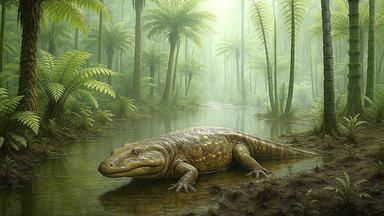 Lebend-Rekonstruktion eines Cyclotosaurus mit Riesenfarnen und Schachtelhalmbäumen; KI-generiert 07/2025, Landes-Paläontologe Dr. Matthias Kranner, LfU