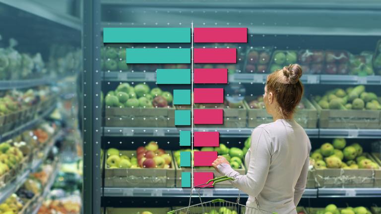 Eine Frau steht mit einem kleinen Einkaufskorb vor dem Obstregal im Supermarkt, darüber liegt eine Grafik.