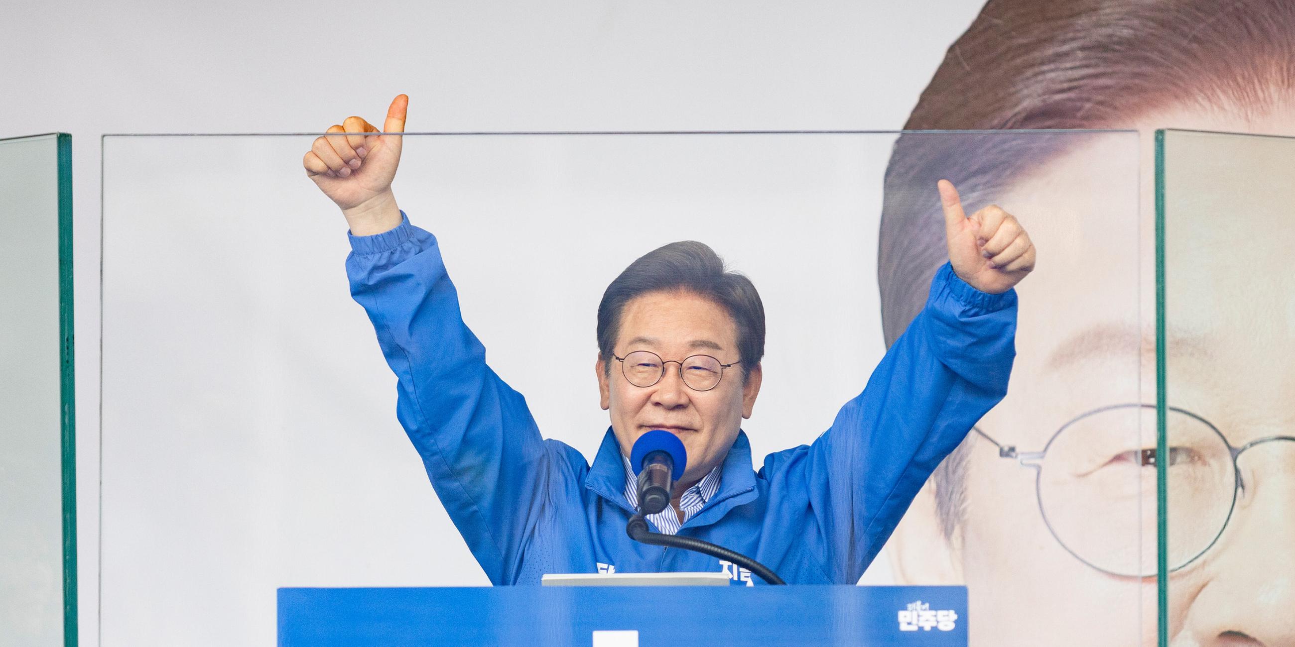 Lee Jae-myung während einer Wahlkampfrede in Südkorea am 02.06.2025.