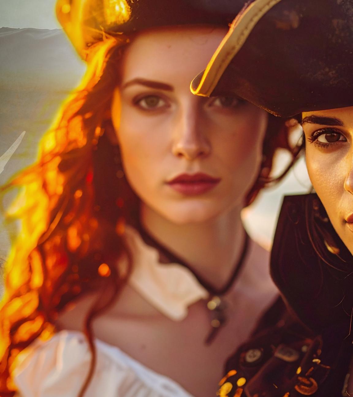 Collage: Anne Bonny und Mary Read stehen mit Jack Rackham an der Takelage eines Schiffes.