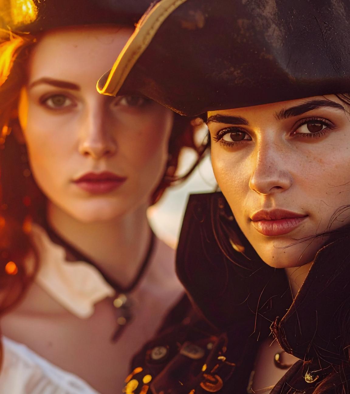 Collage: Anne Bonny und Mary Read schauen in die Kamera, links von ihnen ist eine Piratenflagge zu sehen.