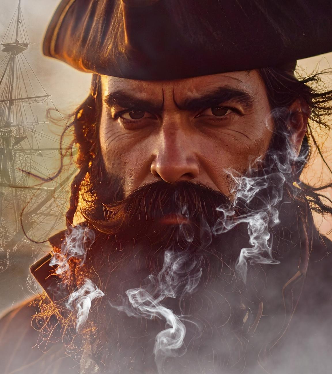 Colalge: Captain Blackbeard trägt einen schwarzen Bart und hat einen mürrischen Gesichtsausdruck. Mit einer Hand hält er das Ruder.