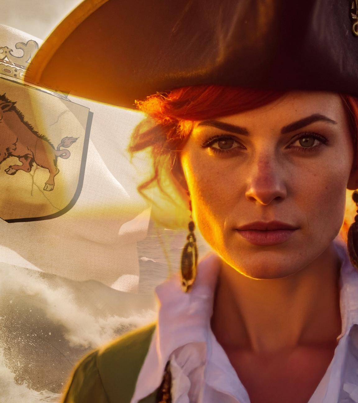 Collage: Grace O'Mally, eine junge Frau mit langen rötlichen Haaren, trägt eine Kopfbedeckung und steht an Bord eines Schiffes