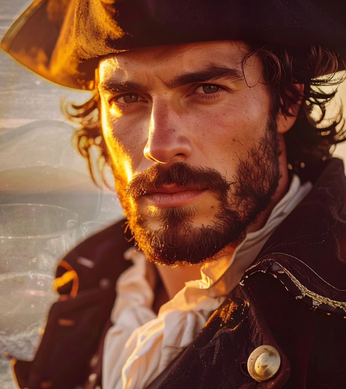 Collage: Henry Morgan trägt einen Dreispitz als Kopfbedeckung, eine weißen Halskrause, einen blauen Mantel und schaut nach oben.