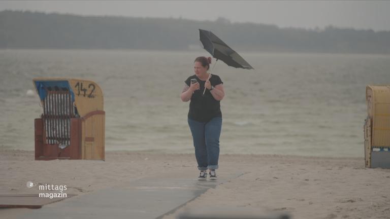 Frau mit Regenschirm am Strand