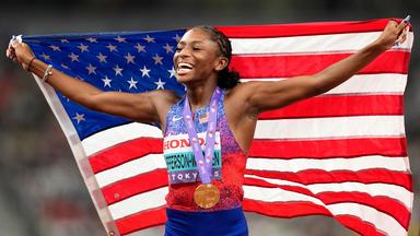 Melissa Jefferson-Wooden gewinnt die Leichtathletik-WM beim 100m Sprint.