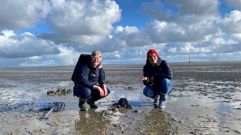 Lena Ganschow und Berit Finkennest im Watt, beide schauen zur Kamera