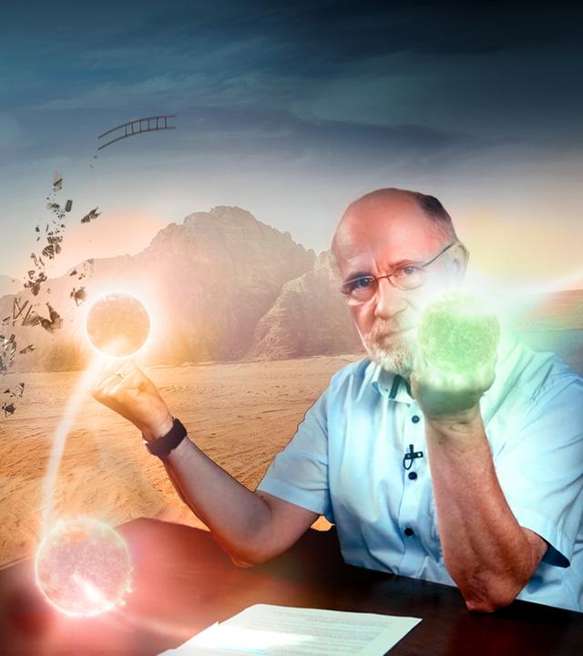 Professor Harald Lesch neben Satellitenschüssel
