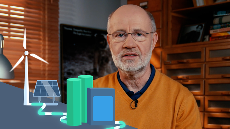 Collage: Harald Lesch hinter Windrad und Stromspeicher