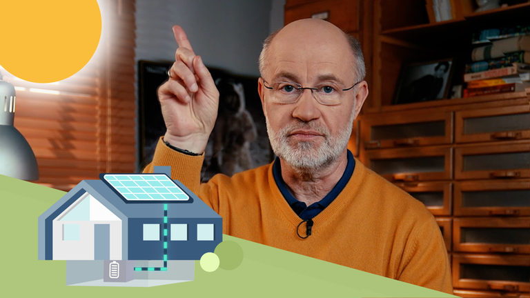 Collage: Harald Lesch hinter Haus mit Votovoltaik-Anlage
