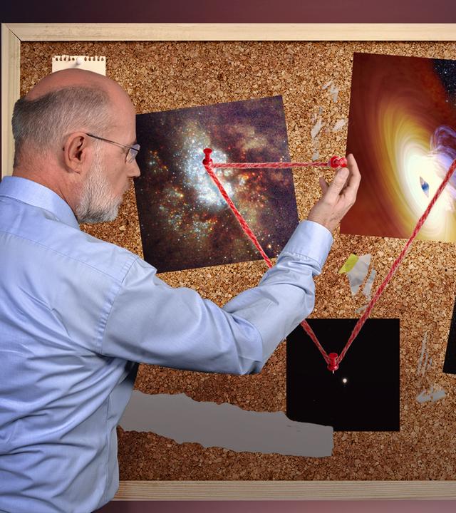 Harald Lesch steht an einer Tafel, auf der Fotos mehrerer Weltraumobjekte hängen. Er verbindet sie mit einem roten Faden