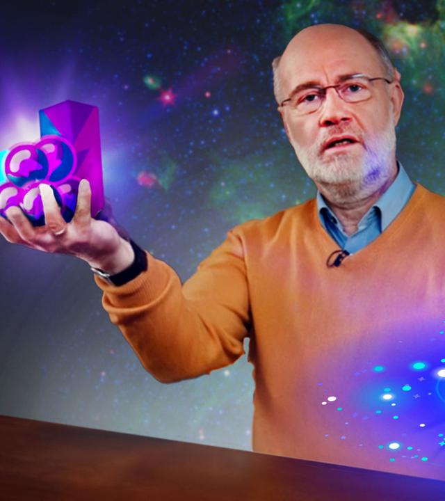 Grafik: Harald Lesch hinter Spiralgalaxie