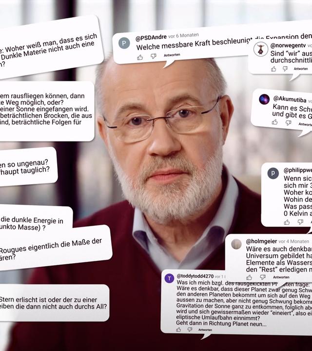 Harald Lesch sitzt mitten in vielen Userfragen - in Form von Ausschnitten der Posts