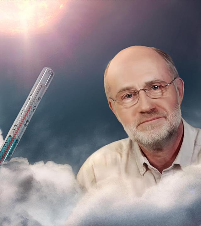 Grafik: Professor Harald Lesch neben einem Thermometer