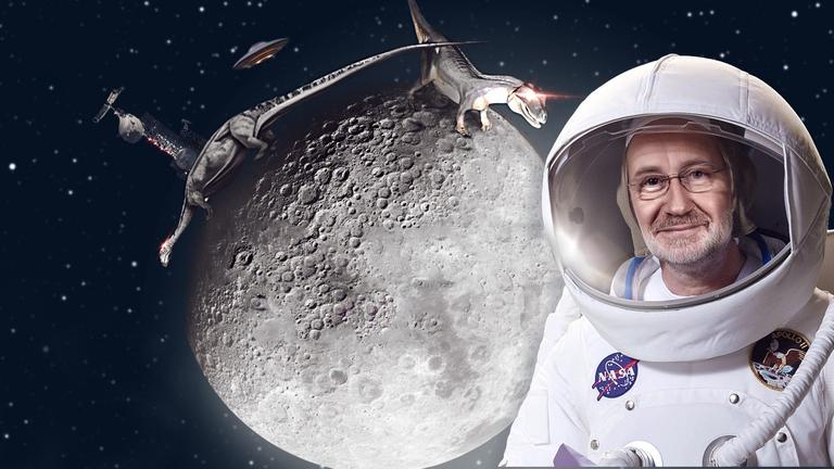 Grafik: Mond mit Reptilien hinter Harlad lesch im Raumanzug