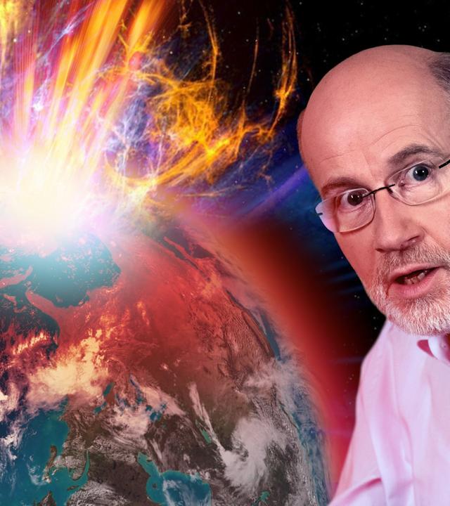 Harald Lesch vor Erde mit Asteroideneinschlag