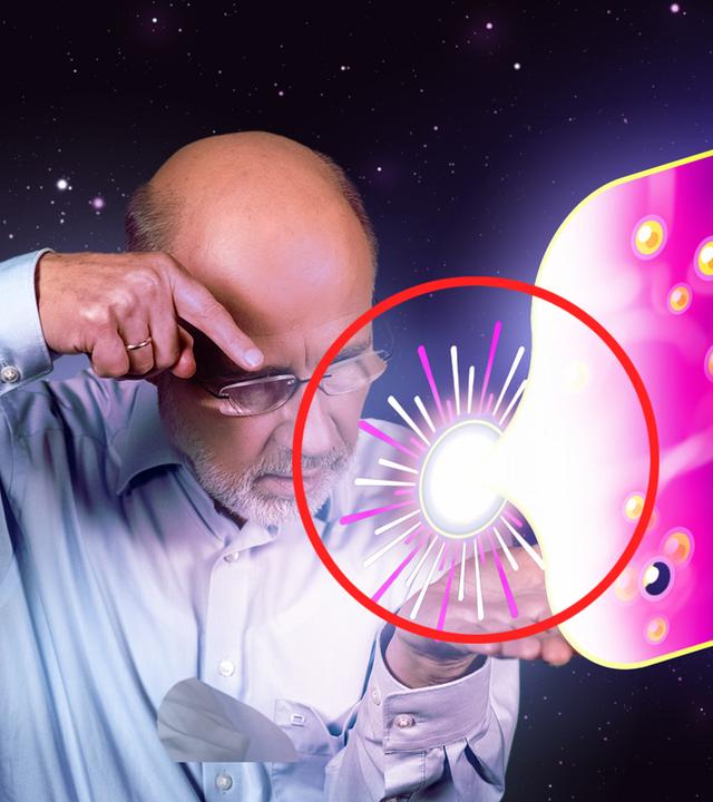 Harald Lesch zeigt auf einen Energieausbruch im Universum.