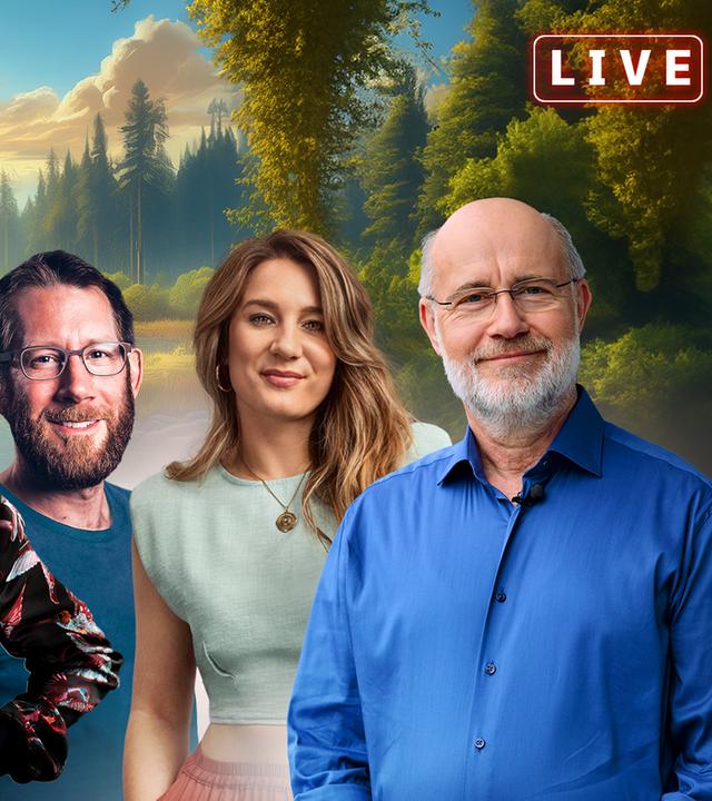 Antje Boetius, Tim Eickenscheidt, Jasmina Neudecker, Harald Lesch vor Phantasie-Naturlandschaft