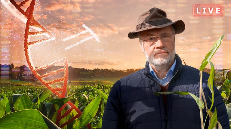 Montage: Harald Lesch steht in Maisfeld neben DNA-Strang