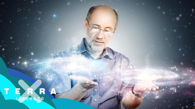 Grafik: Harald Lesch balanciert zwei Universen